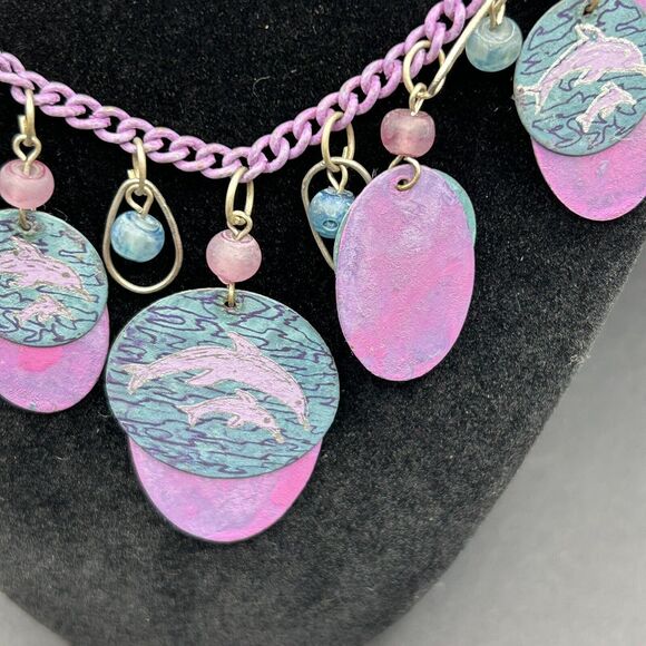 Vintage Turquoise Purple Metal Dangles Chain Dolphin Necklace Dangle Earrings - Picture 7 of 14